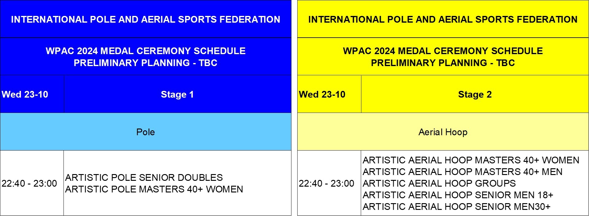 WPAC 2024 Preliminary Medal Ceremony Schedule Wednesday